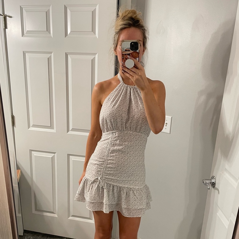 Off White Dusty Blue Floral Halter Dress